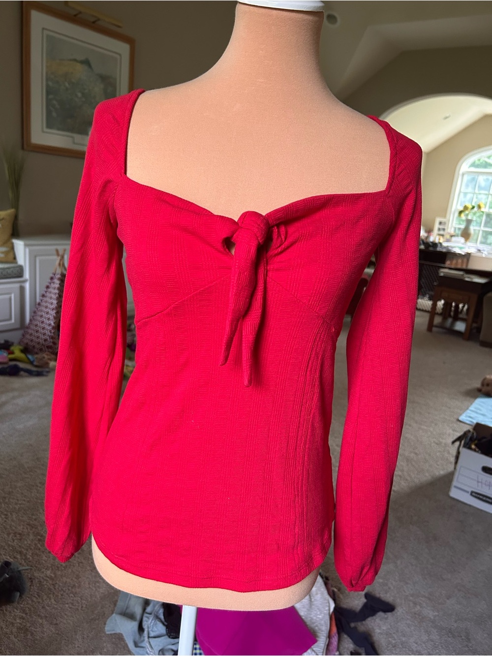 Free People Red Long Sleeve Tie-Front Square Neck Top